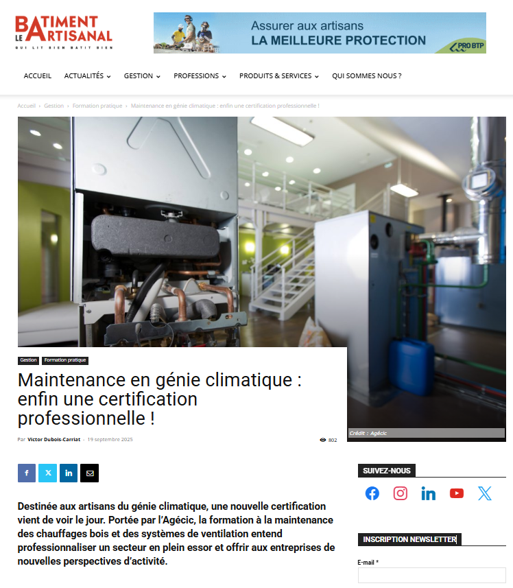 On parle de nous ! "Maintenance en génie climatique : enfin une certification professionnelle !" [Le Batiment Artisanal]
